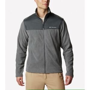 Columbia Fleece Jacket Gray 2 Tone Mens L Full Zip Logo Pockets Outdoors Hiking